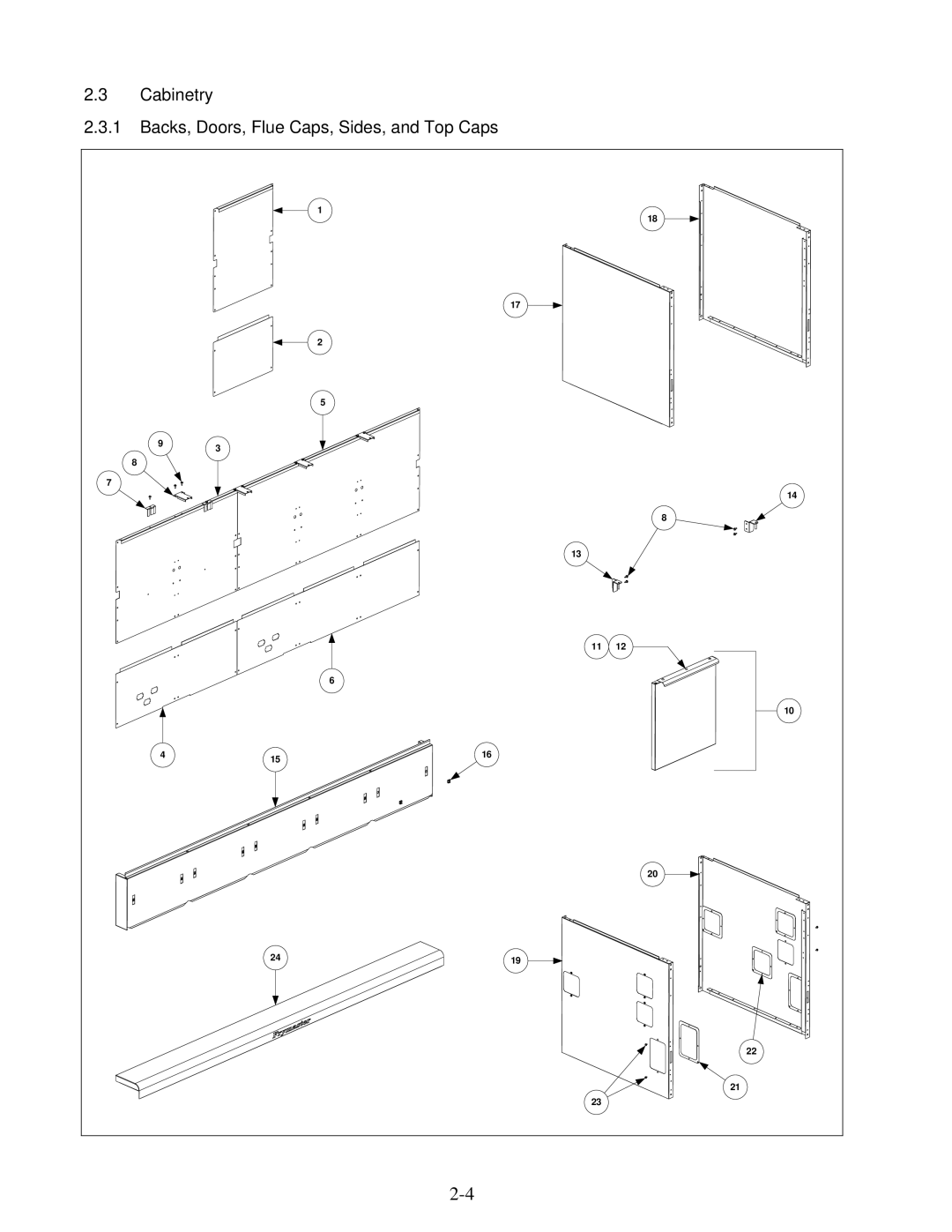 Frymaster H50 manual Cabinetry Backs, Doors, Flue Caps, Sides, and Top Caps 