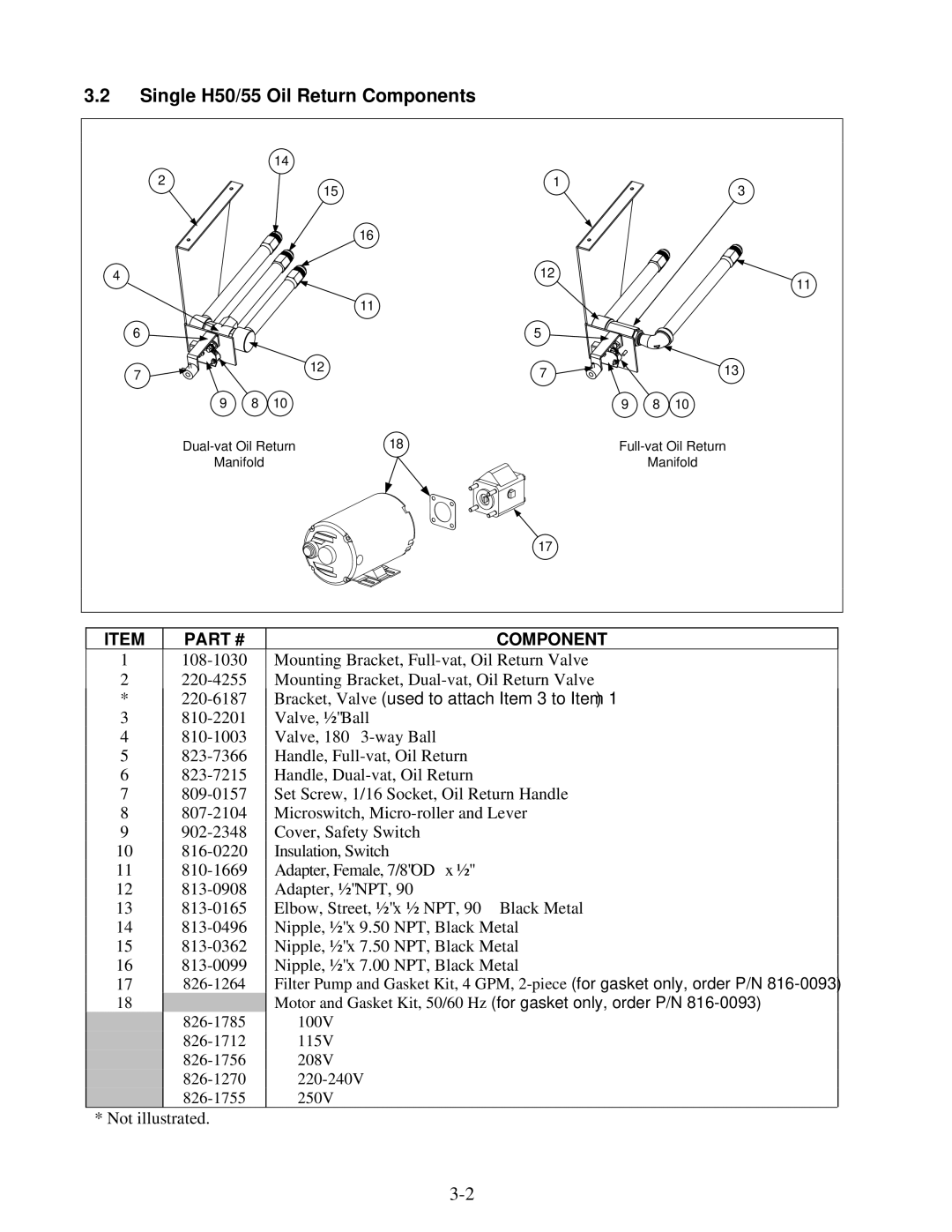 Frymaster manual Single H50/55 Oil Return Components, Bracket, Valve used to attach Item 3 to Item 