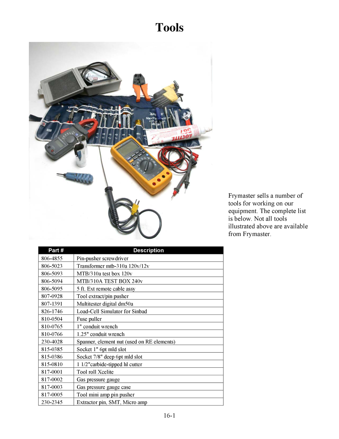 Frymaster H50 manual Tools 