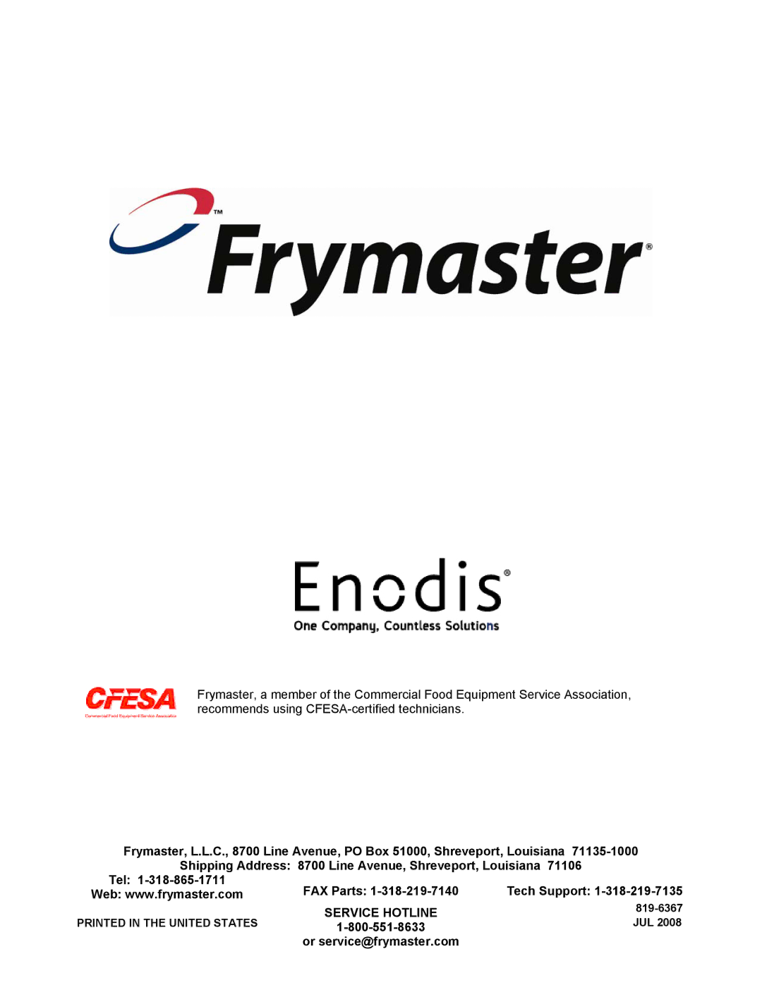 Frymaster H50 manual Service Hotline 