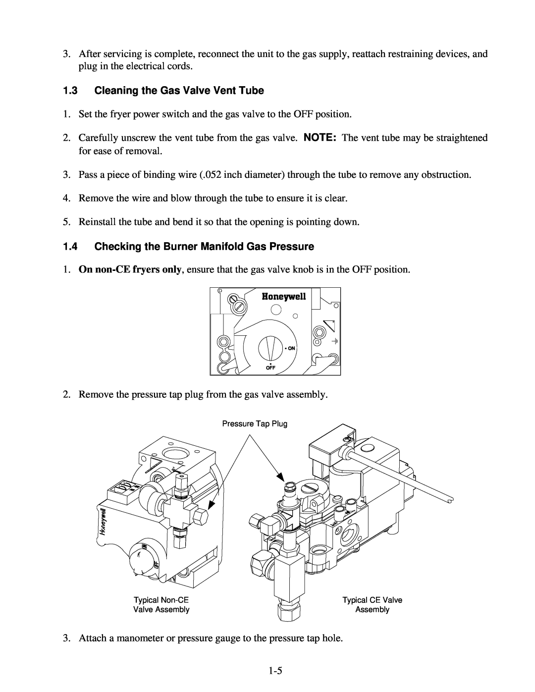 Frymaster H50 manual 1.3Cleaning the Gas Valve Vent Tube, 1.4Checking the Burner Manifold Gas Pressure 