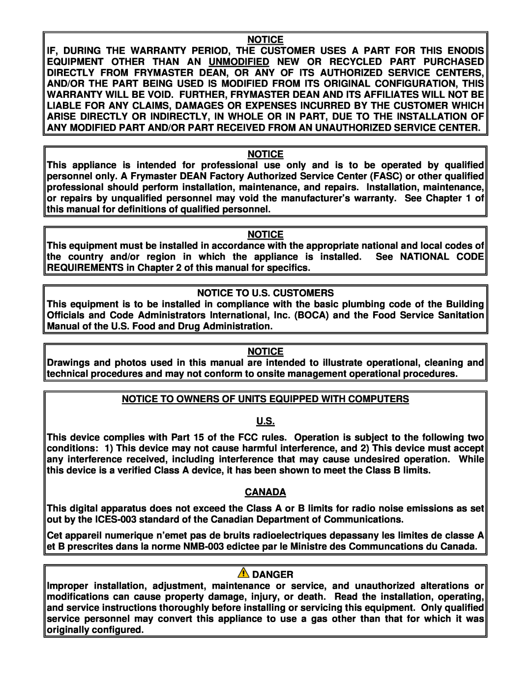 Frymaster H50 manual Notice To U.S. Customers, Notice To Owners Of Units Equipped With Computers, Canada, Danger 