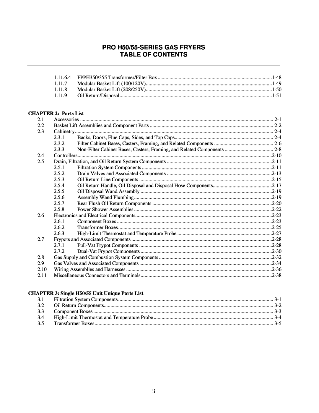 Frymaster manual PRO H50/55-SERIESGAS FRYERS TABLE OF CONTENTS, Single H50/55 Unit Unique Parts List 