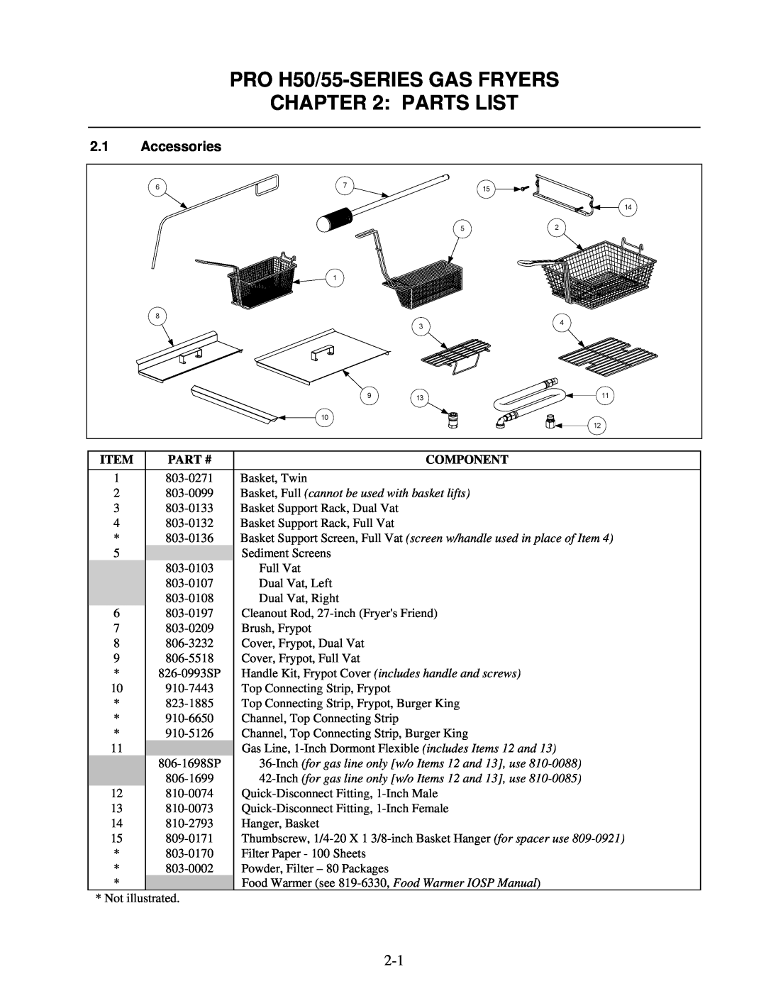Frymaster manual PRO H50/55-SERIESGAS FRYERS : PARTS LIST, Accessories, Item, Part #, Component 