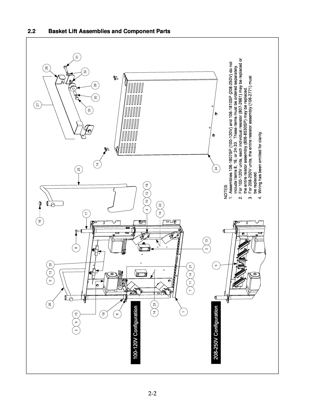 Frymaster H50 manual Basket Lift, Assemblies and, Component Parts, 100-120VConfiguration, 208-250VConfiguration 