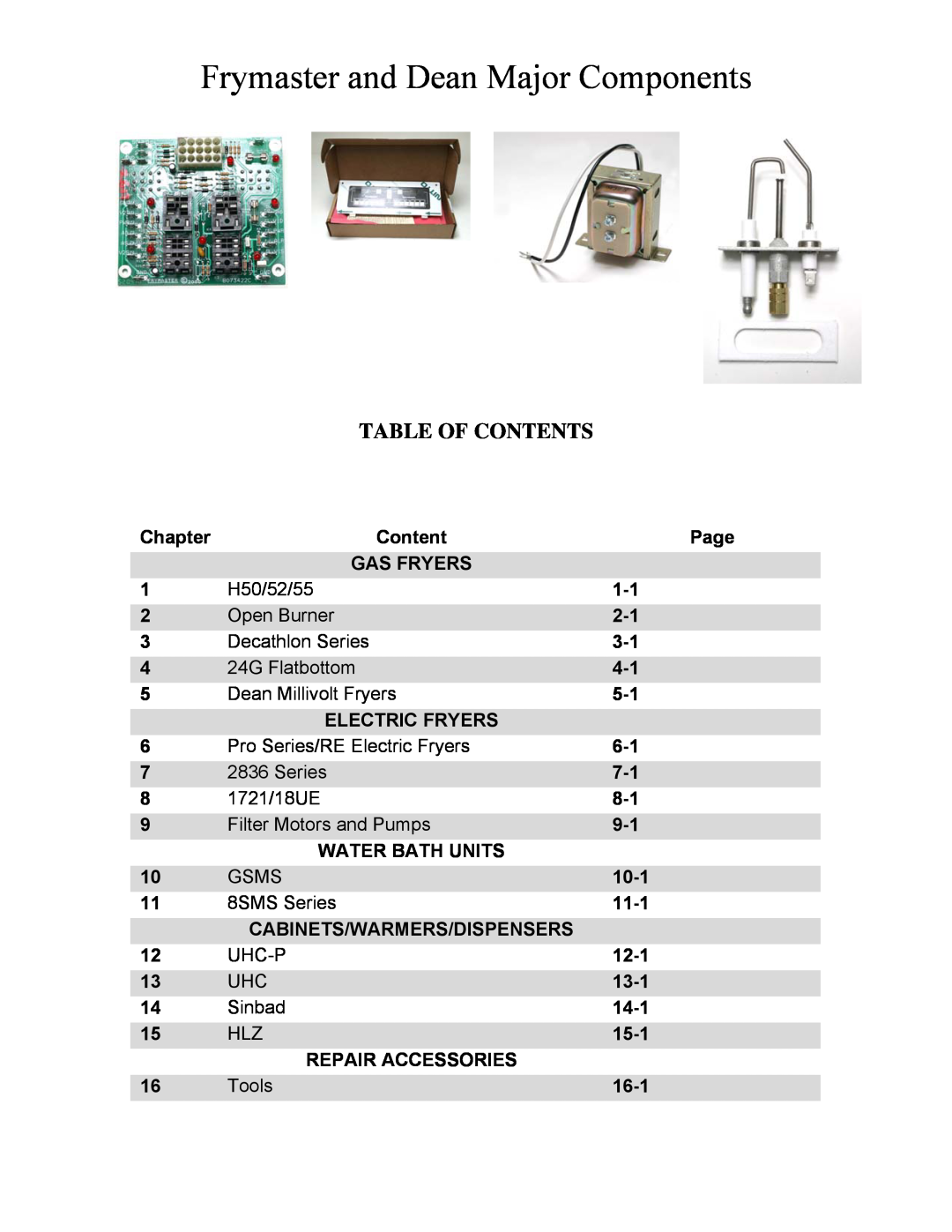 Frymaster H50 manual Frymaster and Dean Major Components, Table Of Contents 