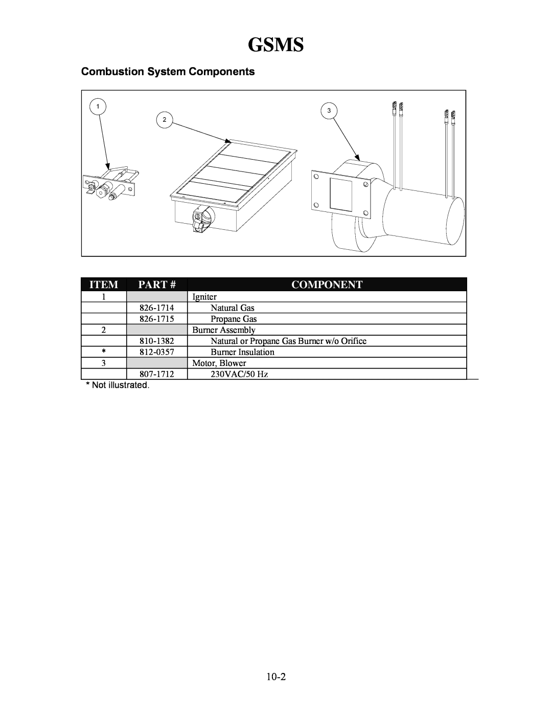 Frymaster H50 manual 10-2, Gsms, Combustion System Components, Part # 