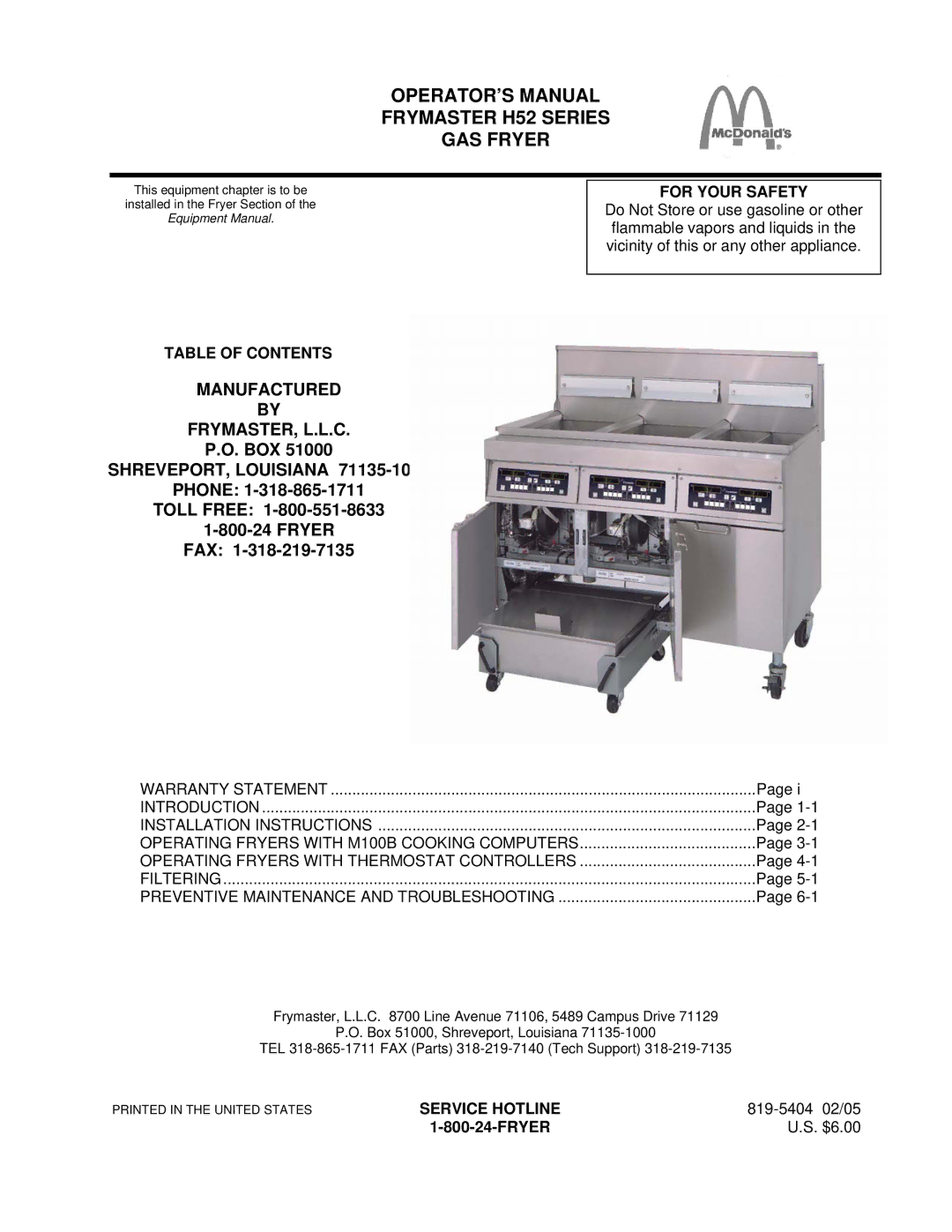 Frymaster warranty OPERATOR’S Manual Frymaster H52 Series GAS Fryer 