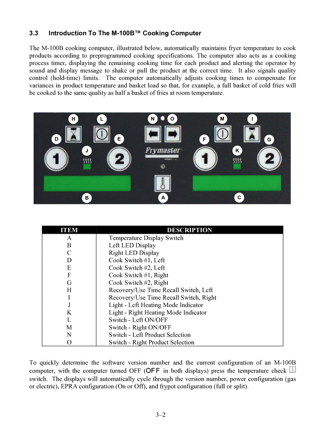 Frymaster H52 Series warranty Introduction To The M-100B Cooking Computer, Description 