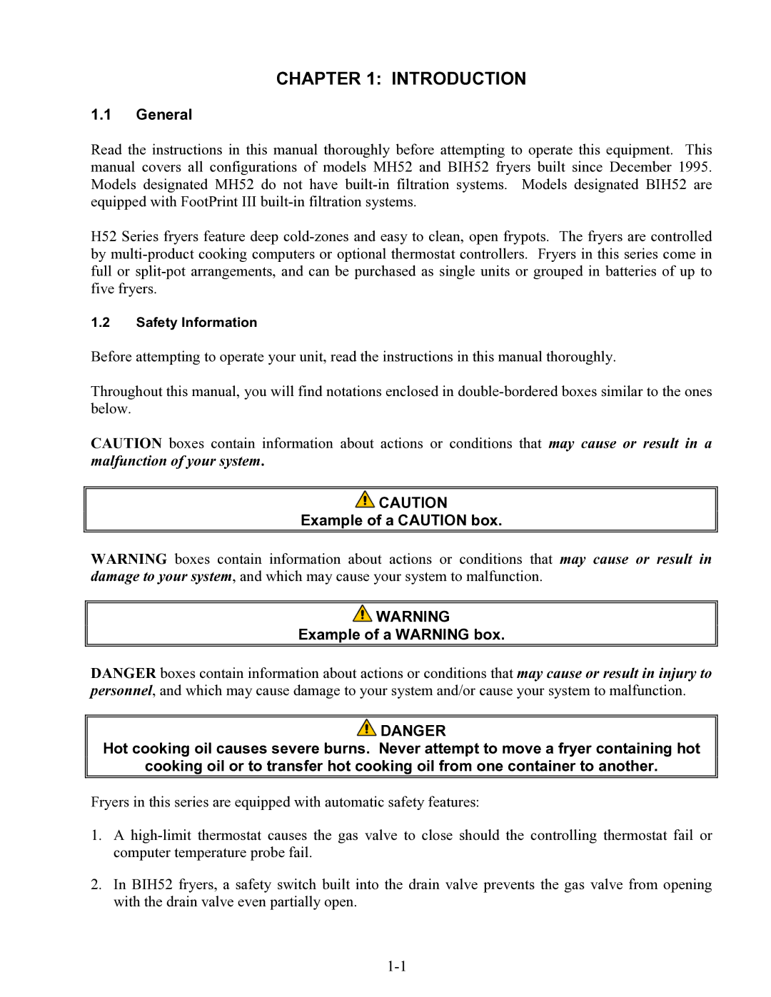 Frymaster H52 Series warranty Introduction, General 