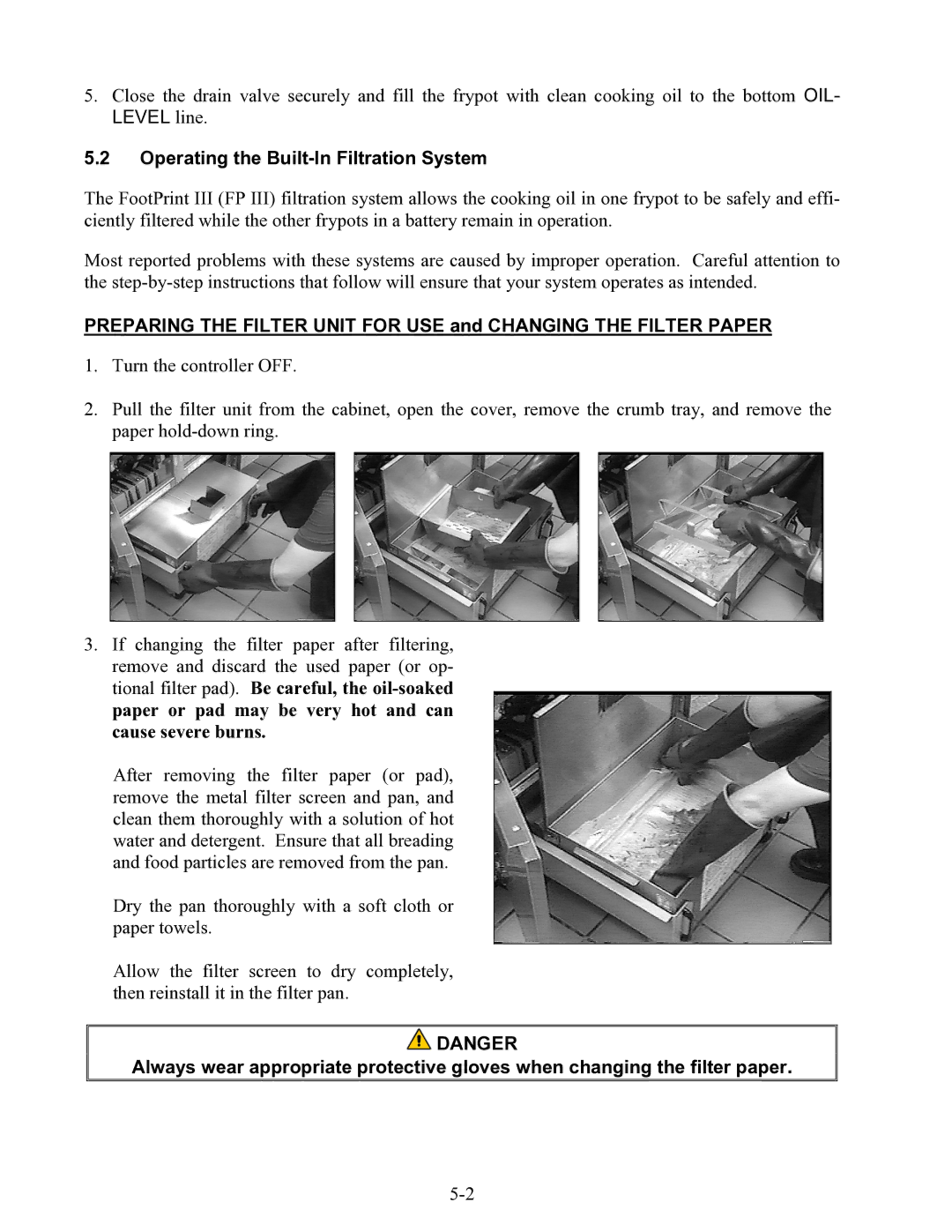 Frymaster H52 Series warranty Operating the Built-In Filtration System 