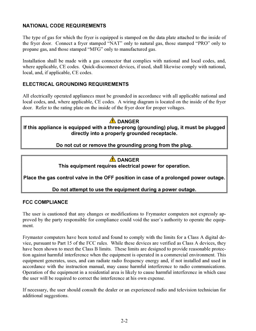 Frymaster H52 Series warranty National Code Requirements 