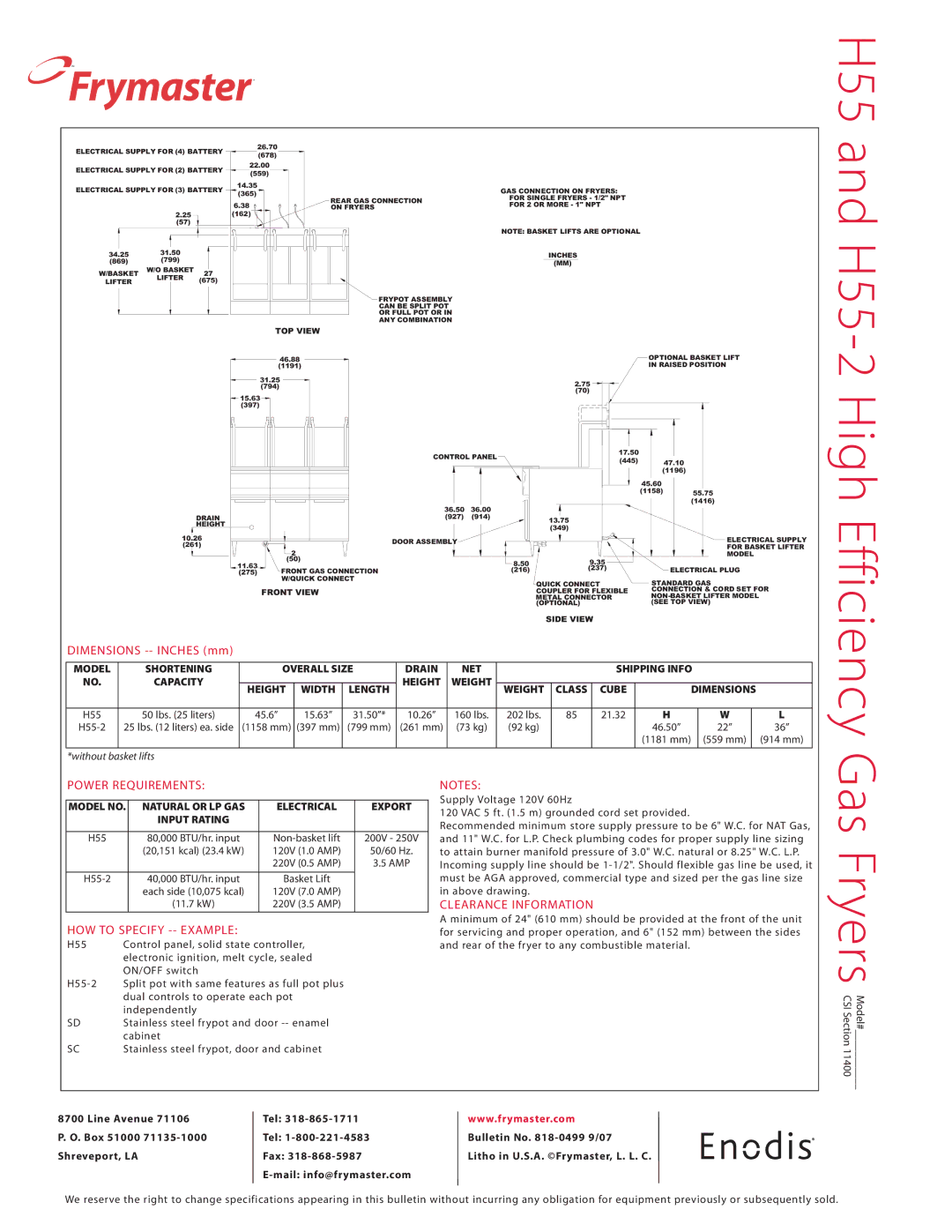 Frymaster H55-2 specifications Power Requirements, HOW to Specify -- Example, Clearance Information 