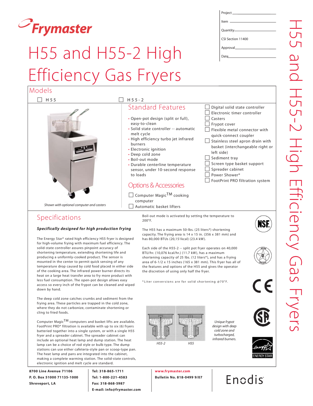 Frymaster specifications H55 and H55-2 High Efficiency Gas Fryers, Frymaster, Models, Specifications, H 5 