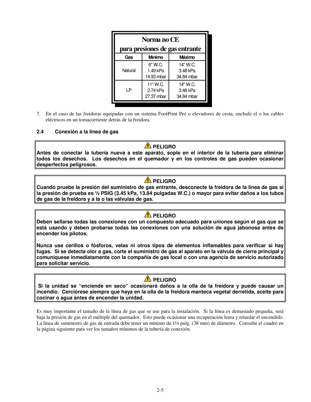 Frymaster H55 manual Norma no CE Para presiones de gas entrante, Conexión a la línea de gas 