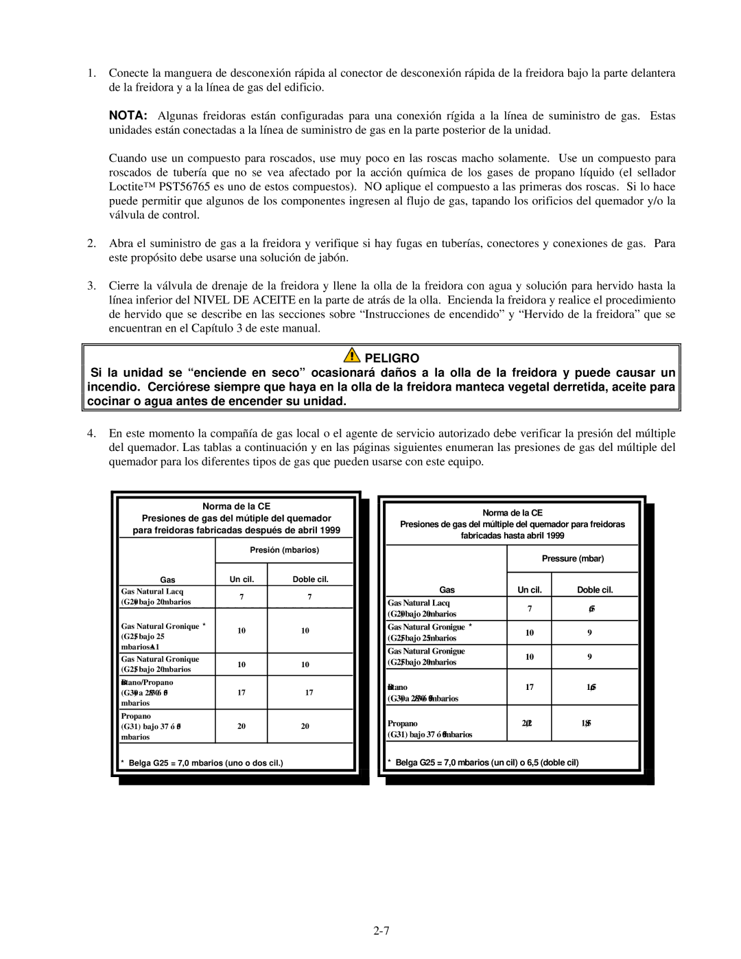 Frymaster H55 manual Belga G25 = 7,0 mbarios un cil o 6,5 doble cil 