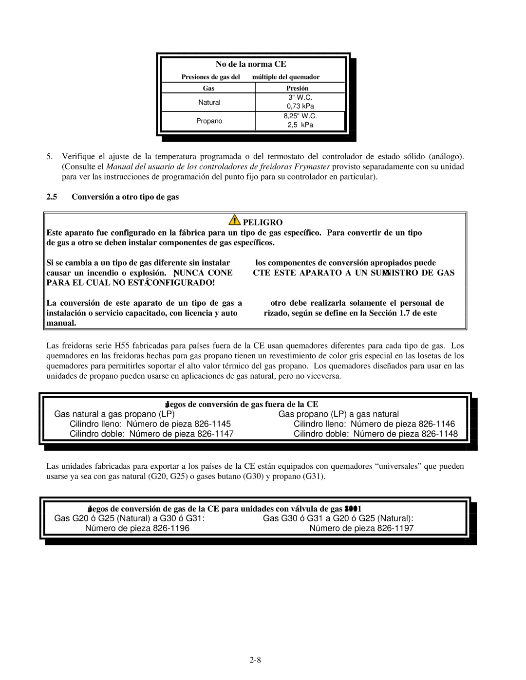 Frymaster H55 manual No de la norma CE, Conversión a otro tipo de gas, Juegos de conversión de gas fuera de la CE 