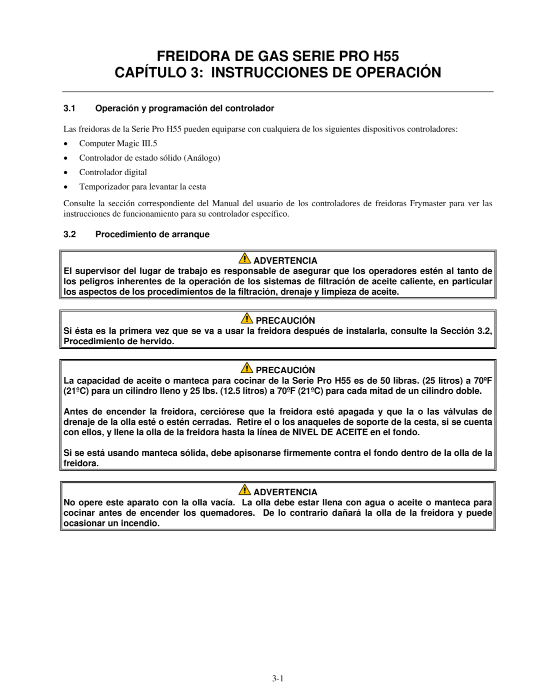 Frymaster H55 manual Operación y programación del controlador, Procedimiento de arranque 