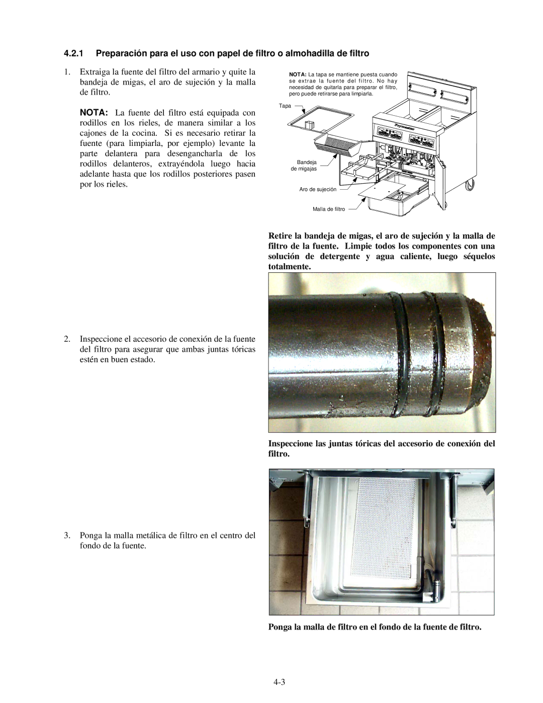 Frymaster H55 manual Ponga la malla de filtro en el fondo de la fuente de filtro 