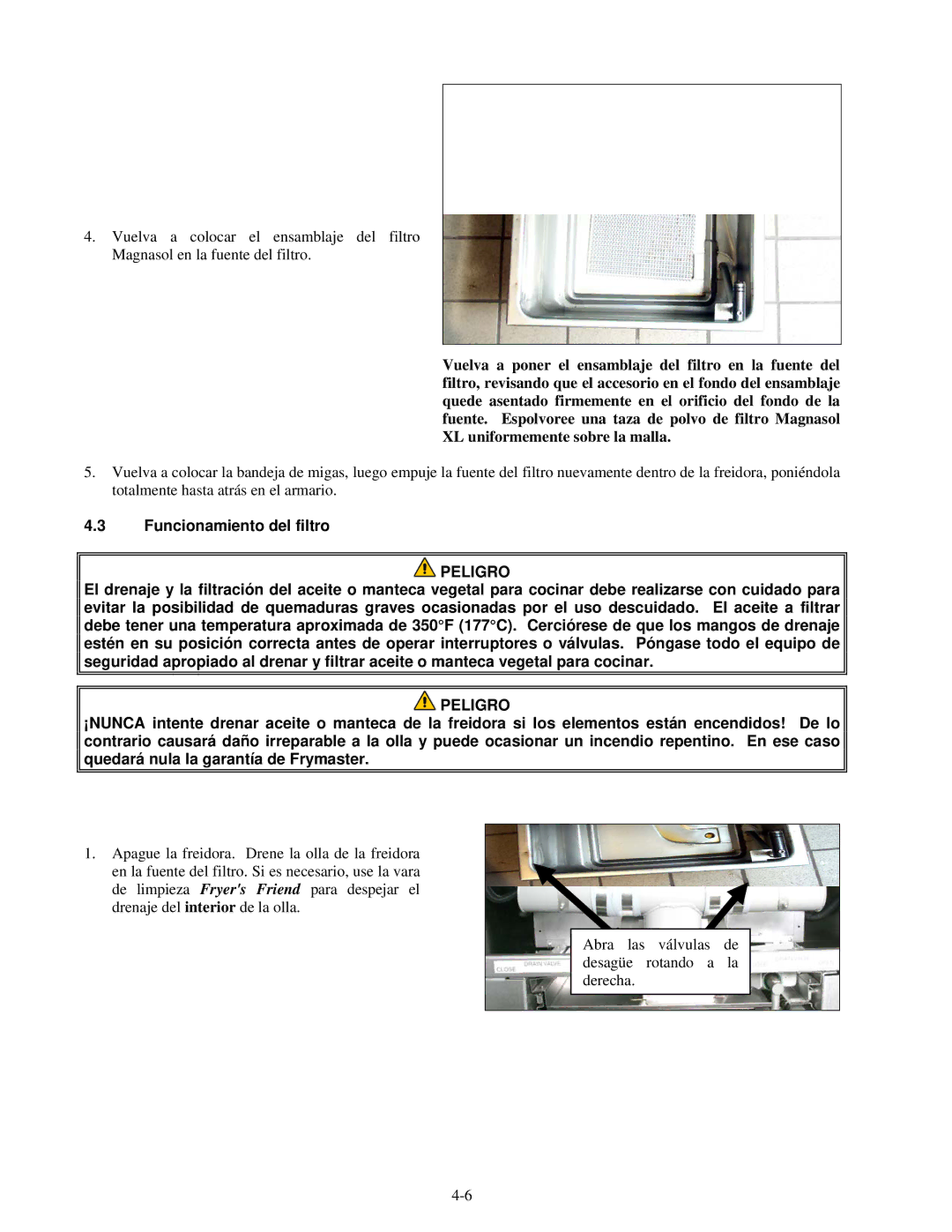 Frymaster H55 manual Funcionamiento del filtro, Peligro 