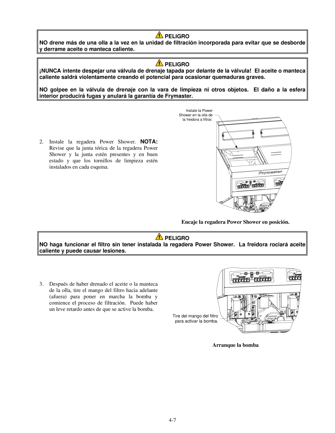 Frymaster H55 manual Encaje la regadera Power Shower en posición, Arranque la bomba 