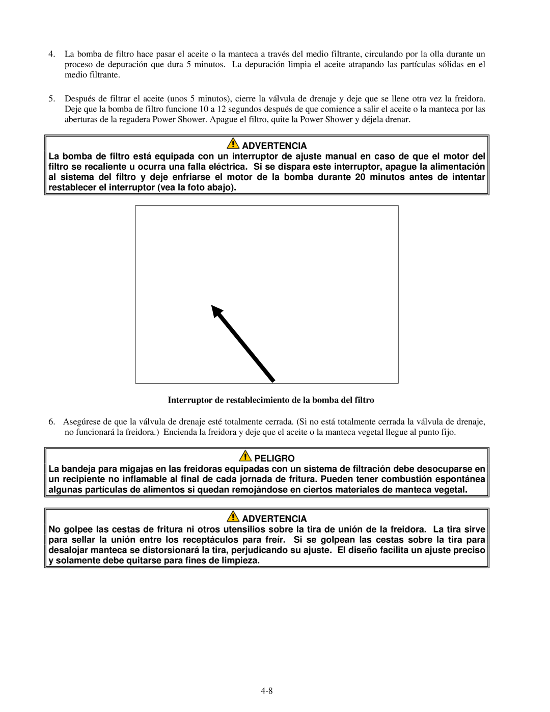 Frymaster H55 manual Advertencia, Interruptor de restablecimiento de la bomba del filtro 