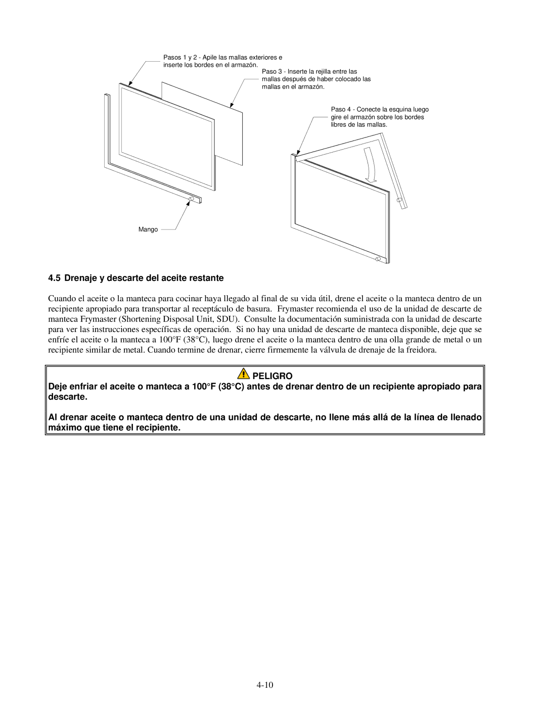 Frymaster H55 manual Drenaje y descarte del aceite restante 