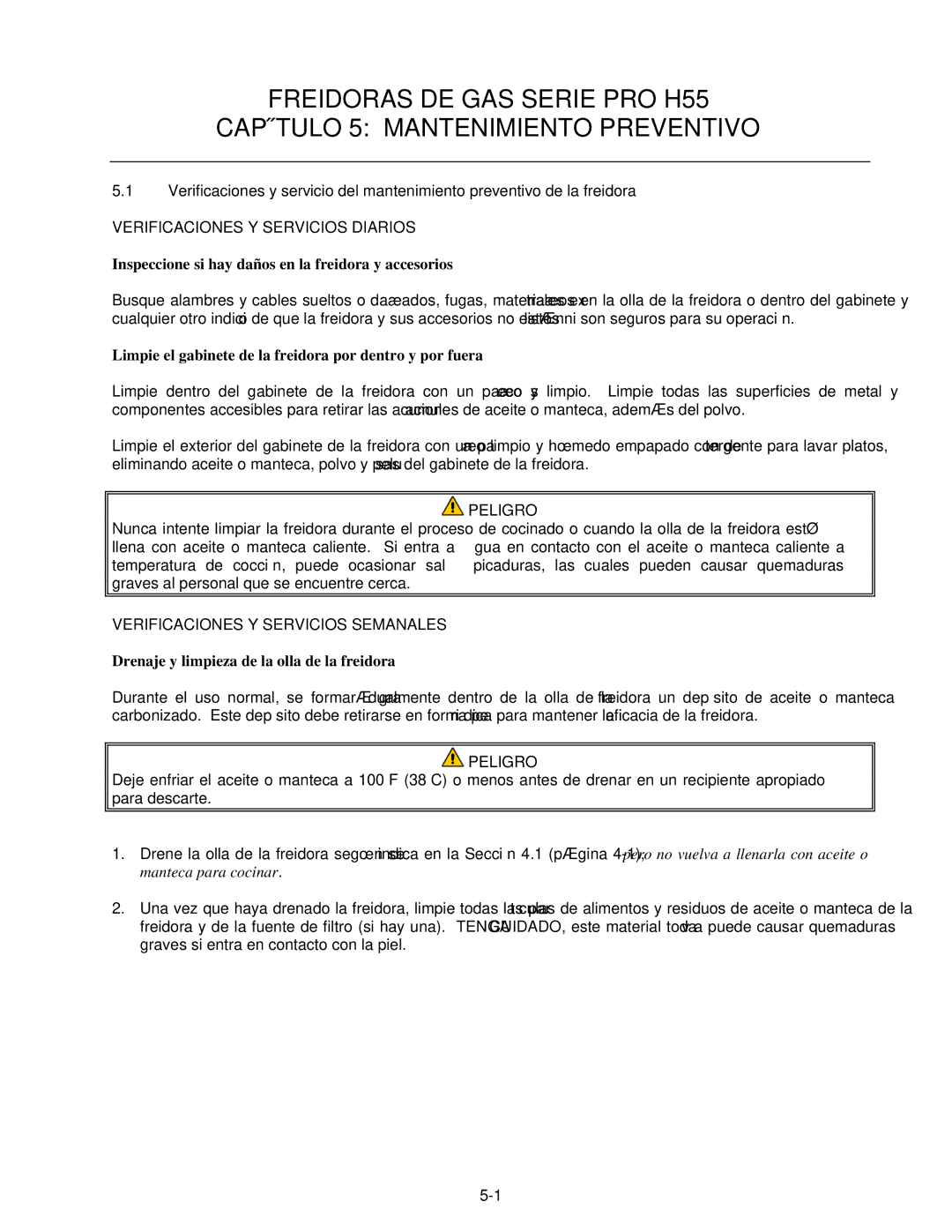 Frymaster H55 manual Verificaciones Y Servicios Diarios, Inspeccione si hay daños en la freidora y accesorios 