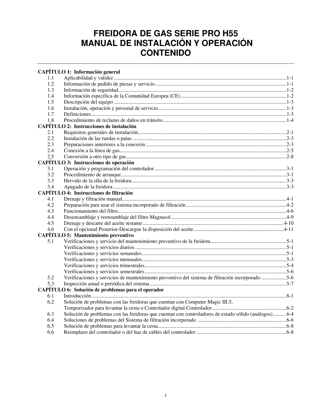 Frymaster H55 Capítulo 1 Información general, Capítulo 2 Instrucciones de instalación, Capítulo 5 Mantenimiento preventivo 