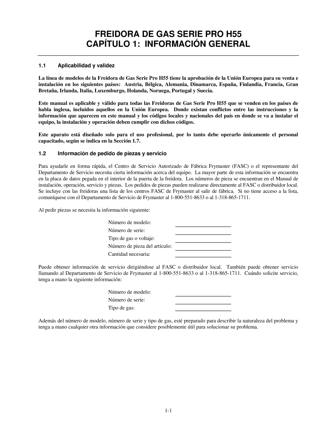 Frymaster H55 manual Aplicabilidad y validez, Información de pedido de piezas y servicio 