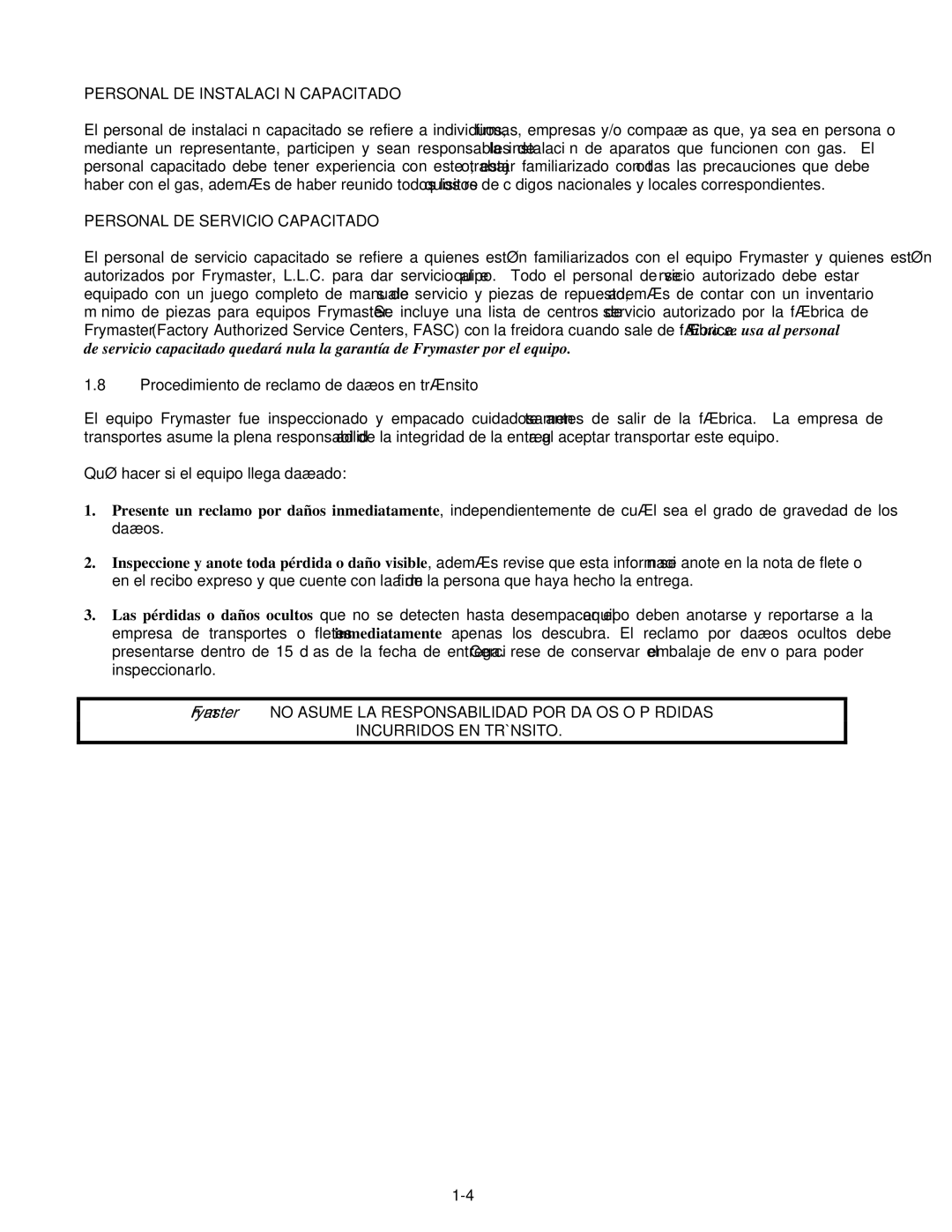 Frymaster H55 manual Personal DE Instalación Capacitado, Personal DE Servicio Capacitado, Incurridos EN Tránsito 