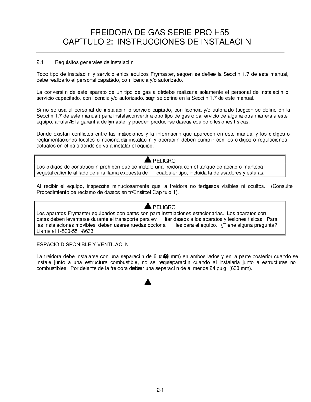 Frymaster H55 manual Requisitos generales de instalación, Espacio Disponible Y Ventilación 