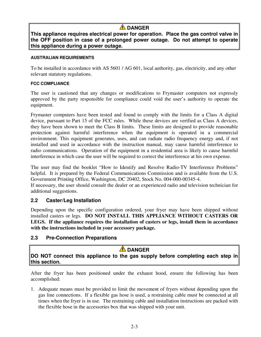 Frymaster H55 operation manual Caster/Leg Installation 