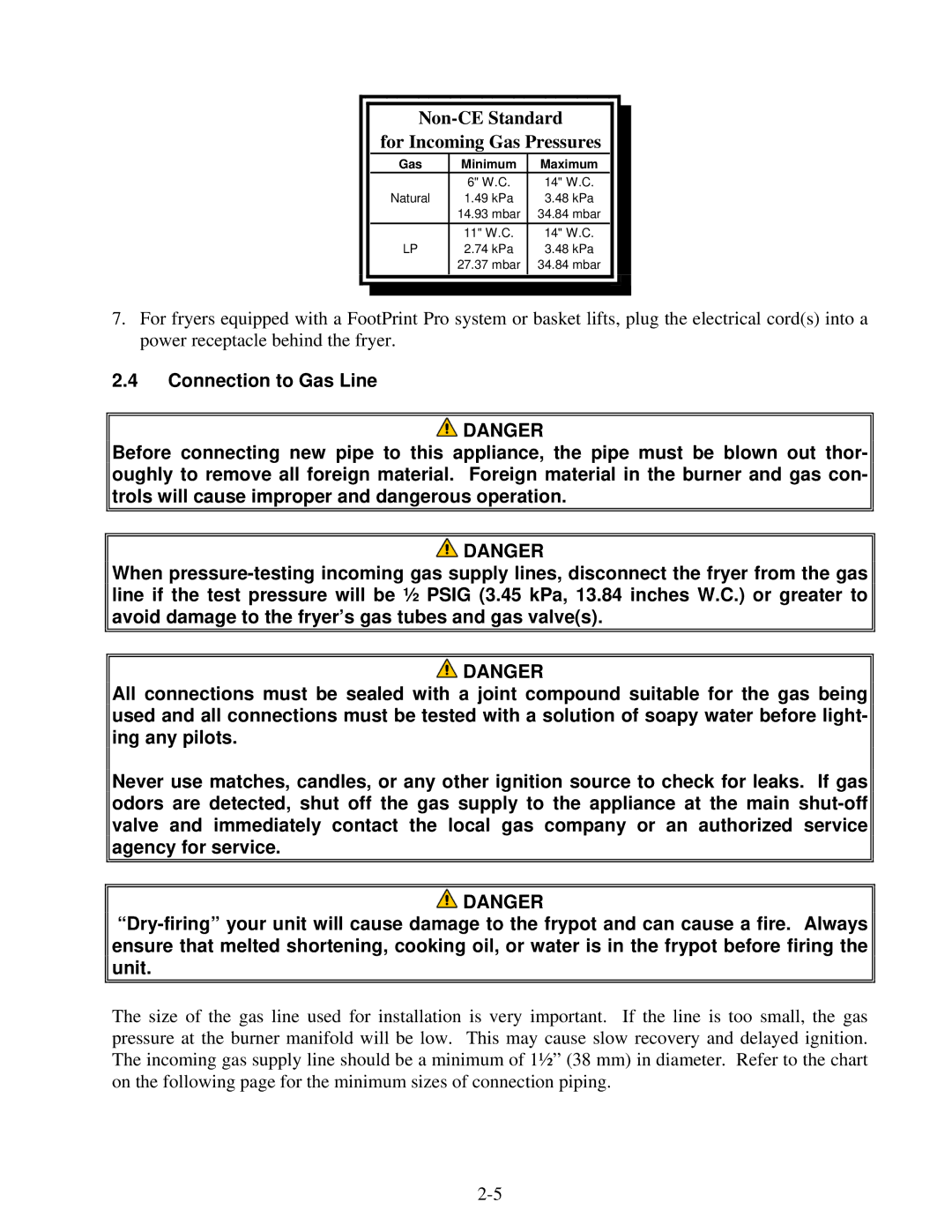 Frymaster H55 operation manual Non-CE Standard For Incoming Gas Pressures 