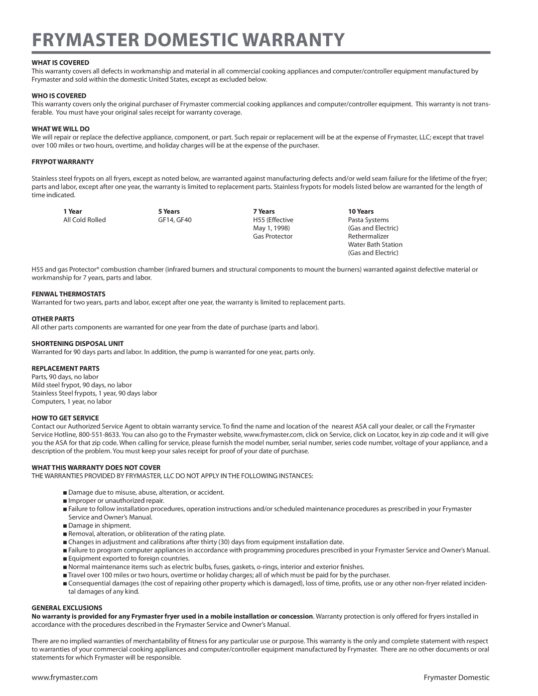 Frymaster H55 operation manual Frymaster domestic warranty 