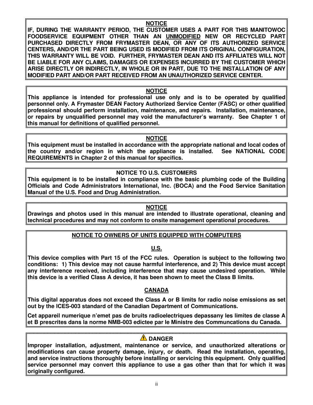 Frymaster H55 operation manual Canada 