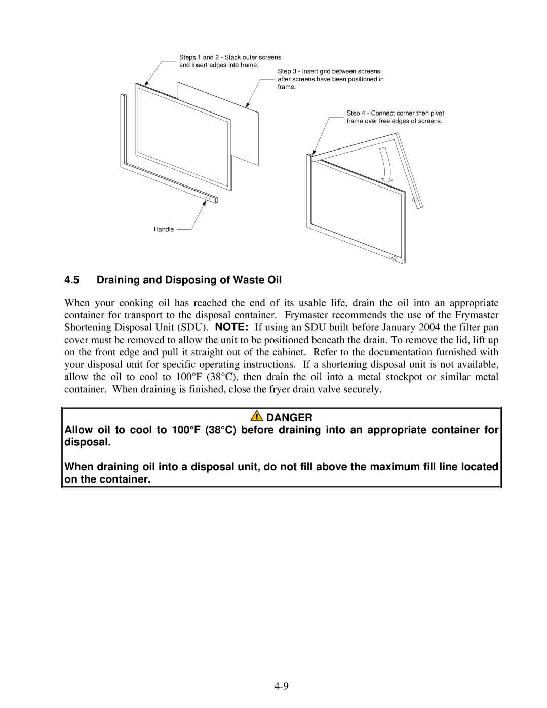 Frymaster H55 operation manual Draining and Disposing of Waste Oil 