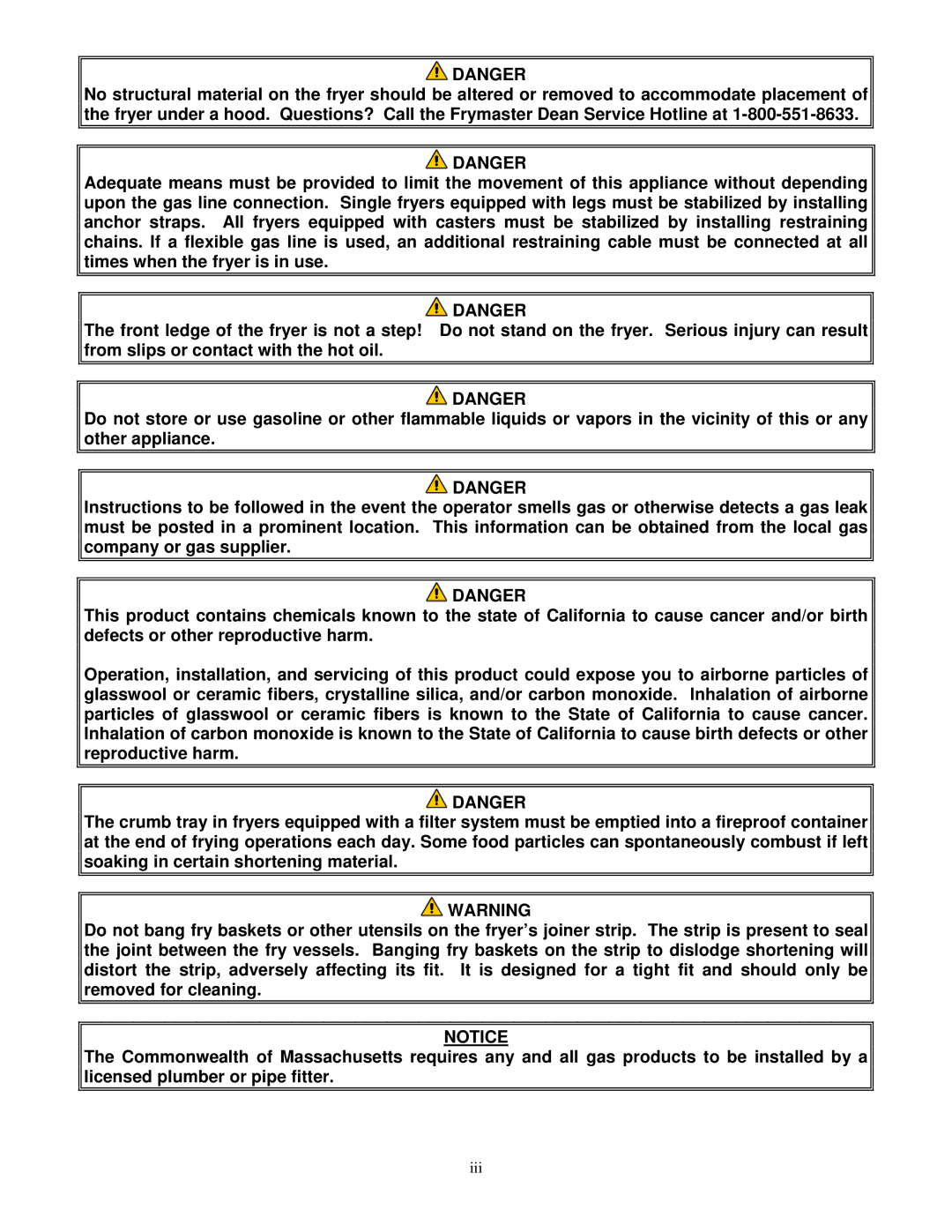 Frymaster H55 operation manual Iii 