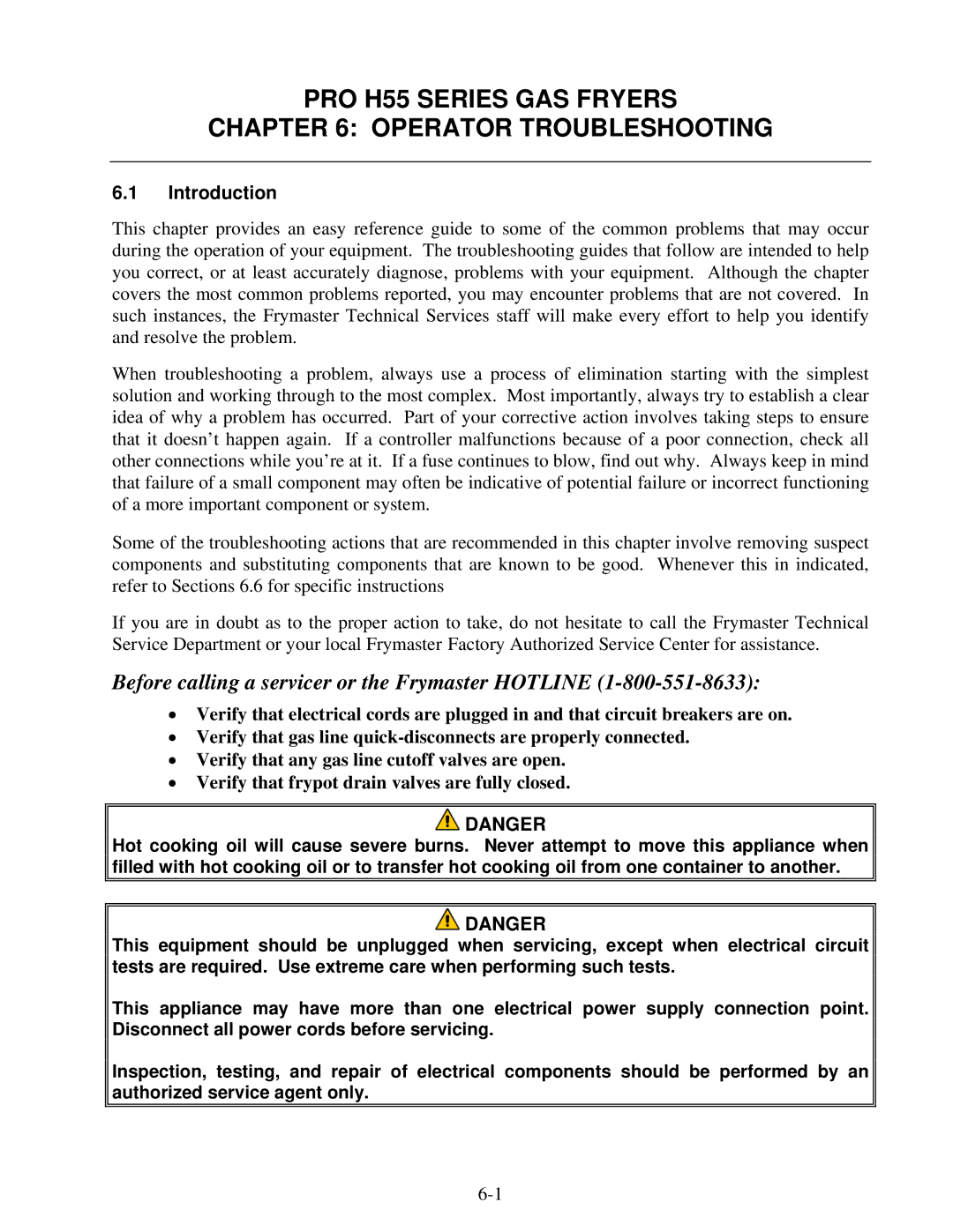 Frymaster operation manual PRO H55 Series GAS Fryers Operator Troubleshooting, Introduction 