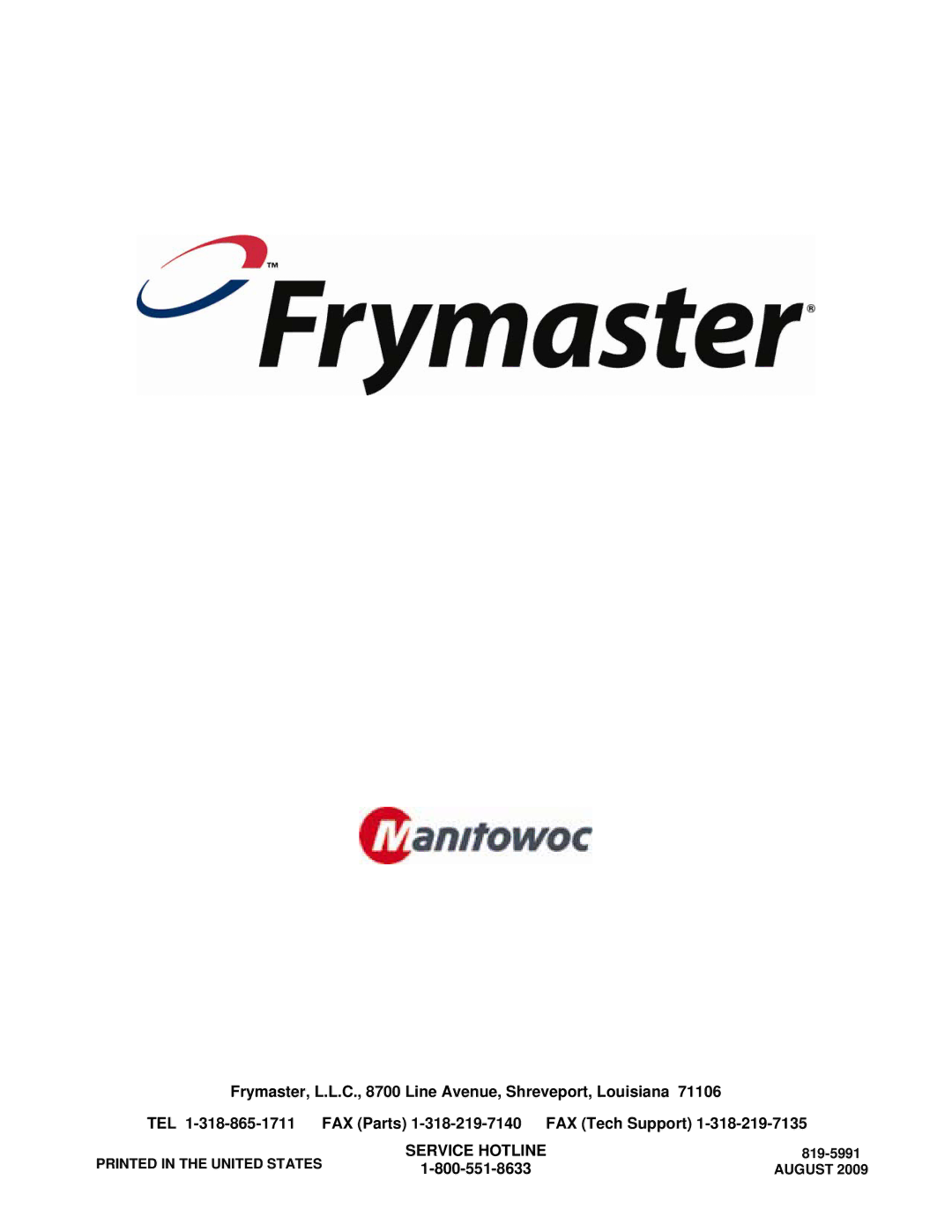 Frymaster H55 operation manual Service Hotline 