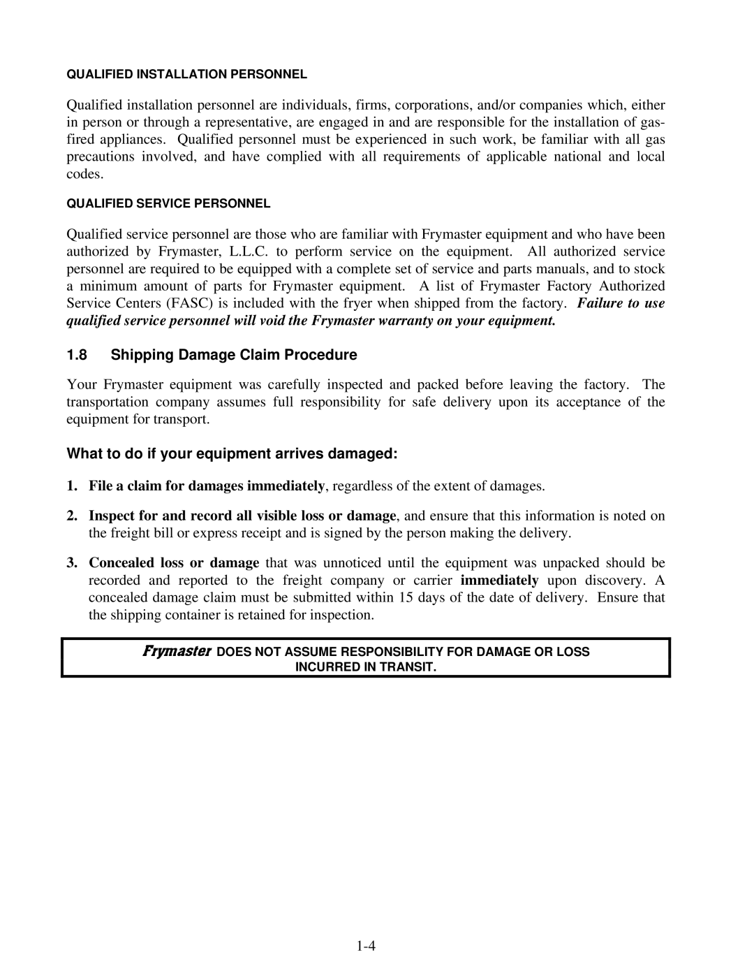 Frymaster H55 operation manual Shipping Damage Claim Procedure, What to do if your equipment arrives damaged 