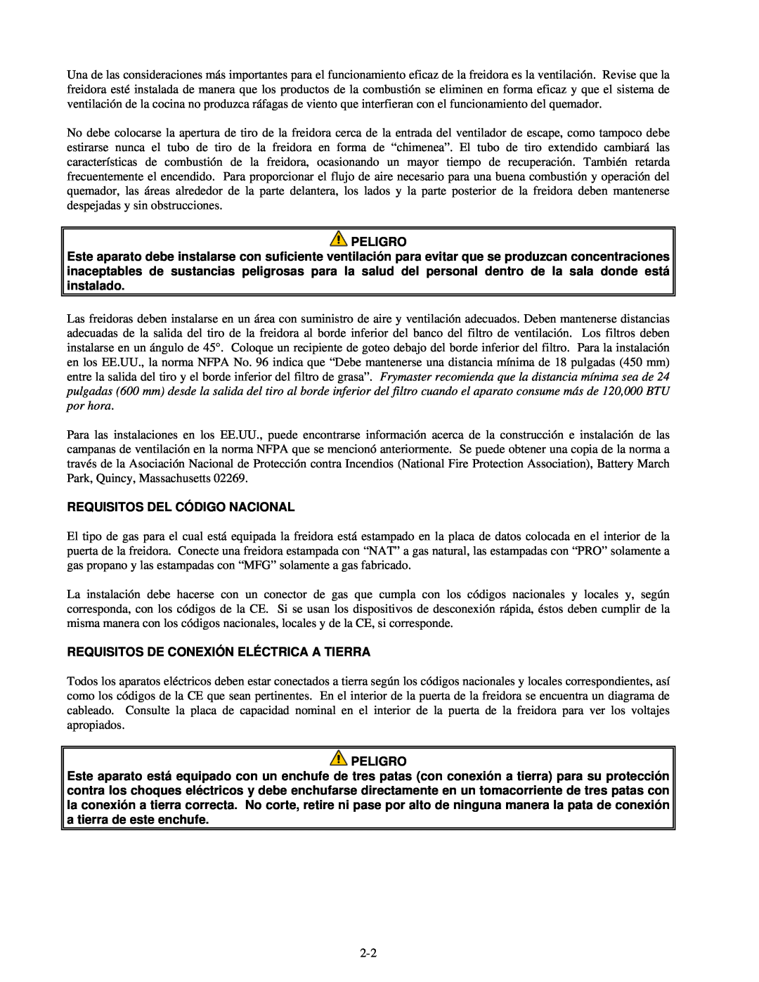 Frymaster H55 manual Requisitos Del Código Nacional, Requisitos De Conexión Eléctrica A Tierra, Peligro 