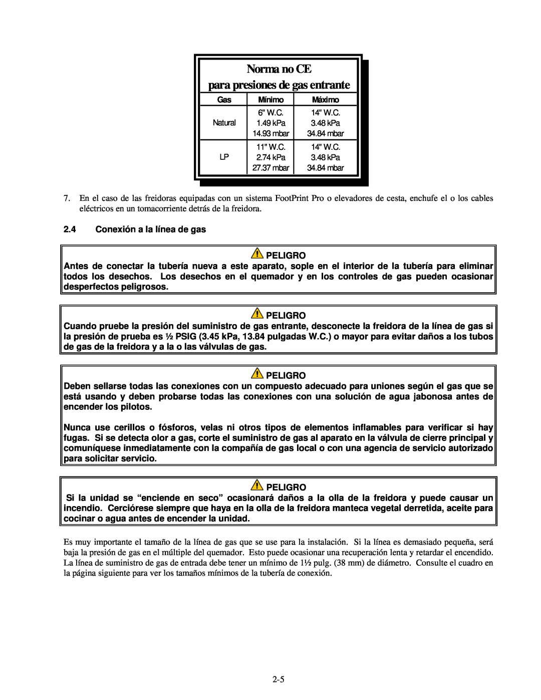 Frymaster H55 manual 2.4Conexión a la línea de gas PELIGRO, Norma no CE para presiones de gas entrante, Peligro 