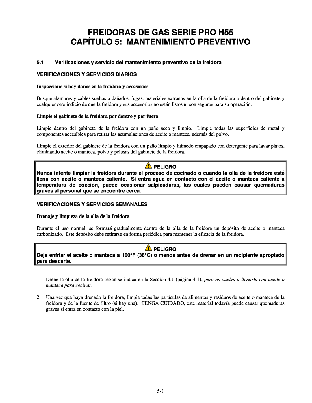 Frymaster manual CAPÍTULO 5 MANTENIMIENTO PREVENTIVO, Verificaciones Y Servicios Diarios, FREIDORAS DE GAS SERIE PRO H55 
