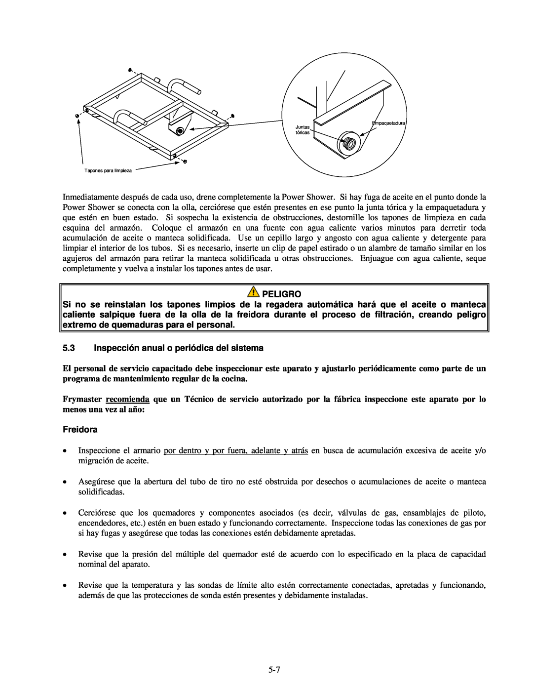Frymaster H55 manual 5.3Inspección anual o periódica del sistema, Freidora, Peligro 