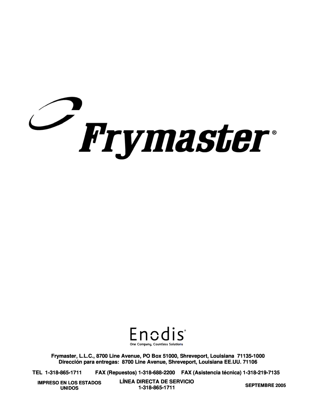 Frymaster H55 FAX Repuestos, FAX Asistencia técnica, Línea Directa De Servicio, Impreso En Los Estados, Septembre, Unidos 