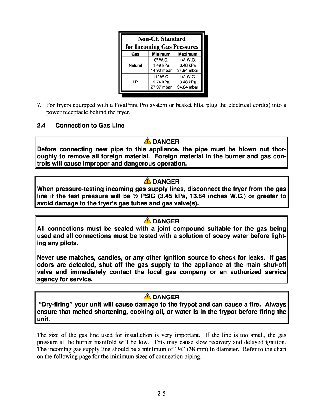 Frymaster H55 operation manual 2.4Connection to Gas Line DANGER, Danger 