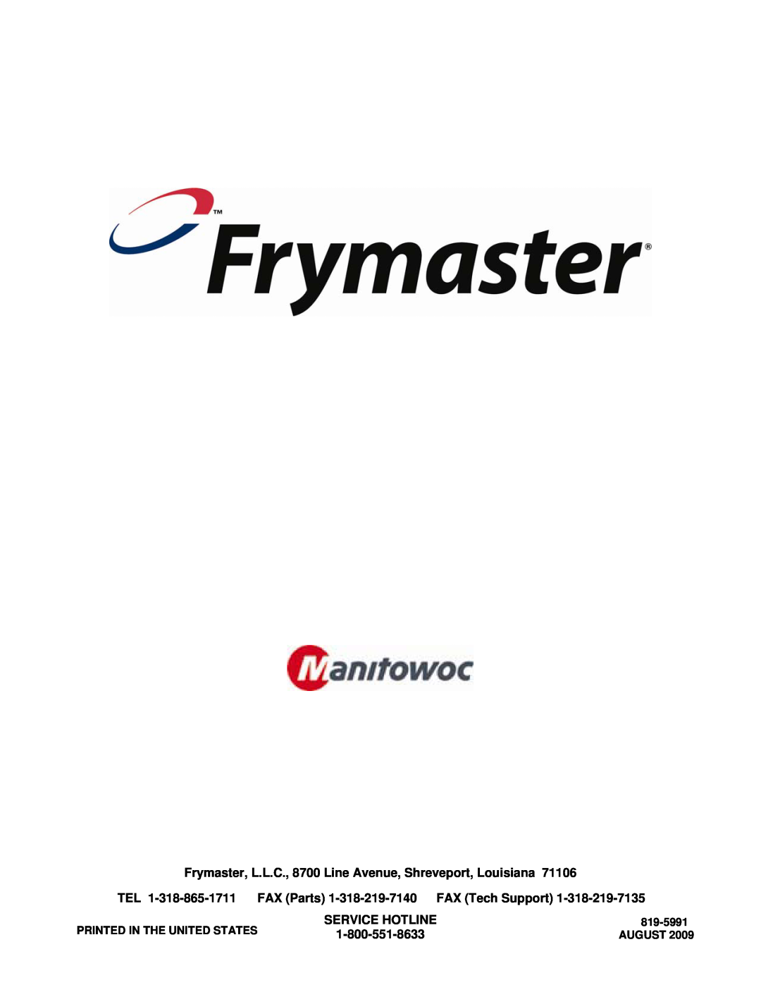 Frymaster H55 operation manual Service Hotline, 819-5991, August 