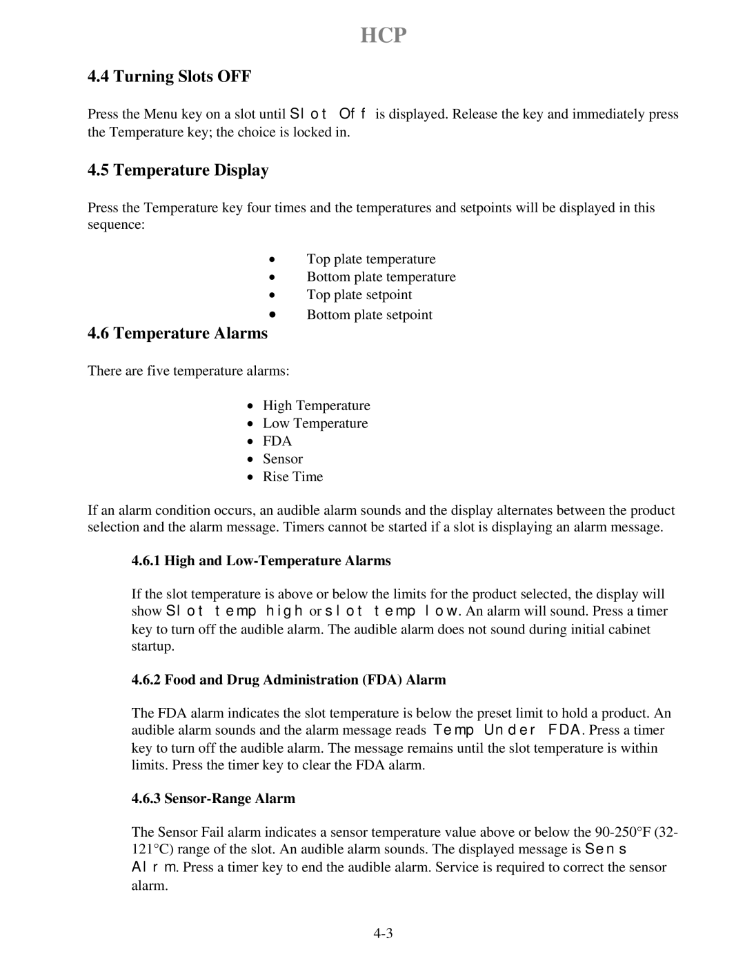 Frymaster HCP operation manual Turning Slots OFF, Temperature Display, Temperature Alarms 