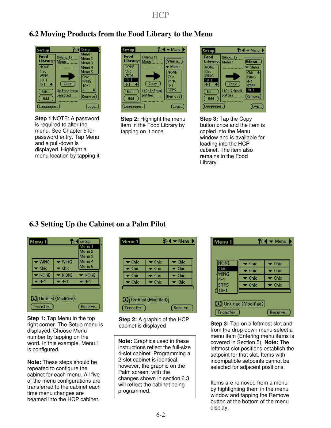 Frymaster HCP operation manual Moving Products from the Food Library to the Menu, Setting Up the Cabinet on a Palm Pilot 